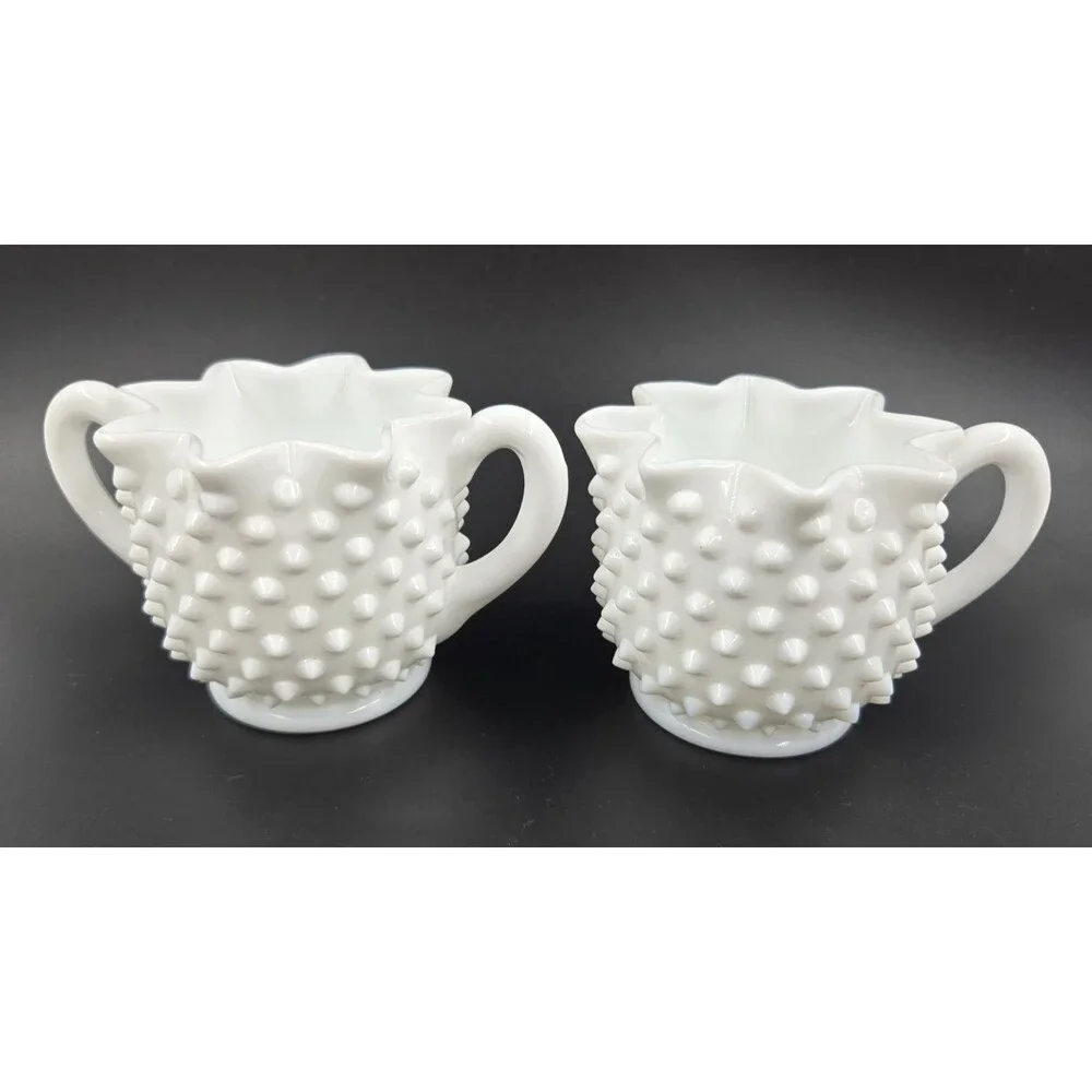 Fenton Cream & Sugar Set Vintage 1950s Hobnail White Milk Glass